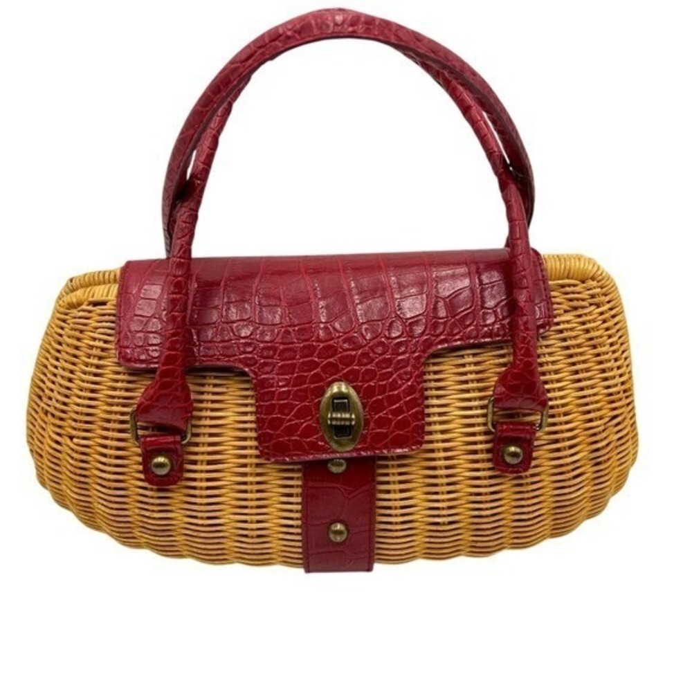 VTG Wicker Basket Weave Clam Shell Handbag Pink Straps Checkered Cloth Lining